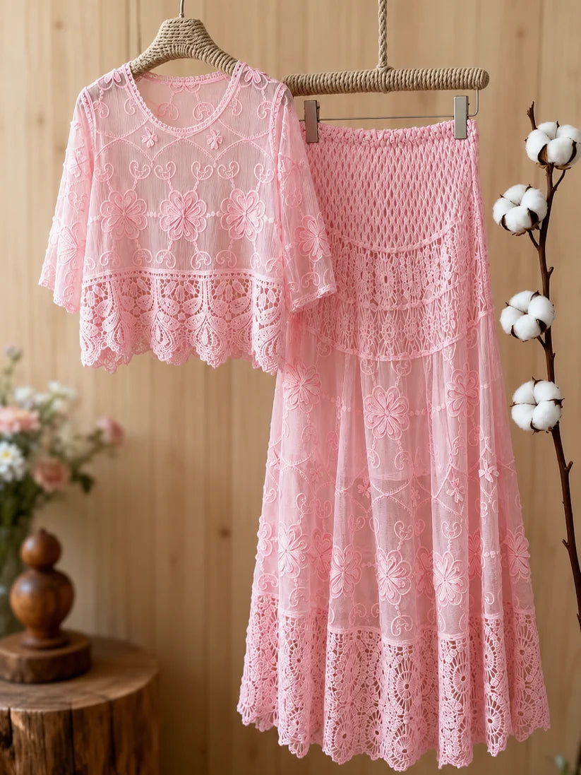 Women's Luxury French-Inspired Lace Top & Midi Skirt Set