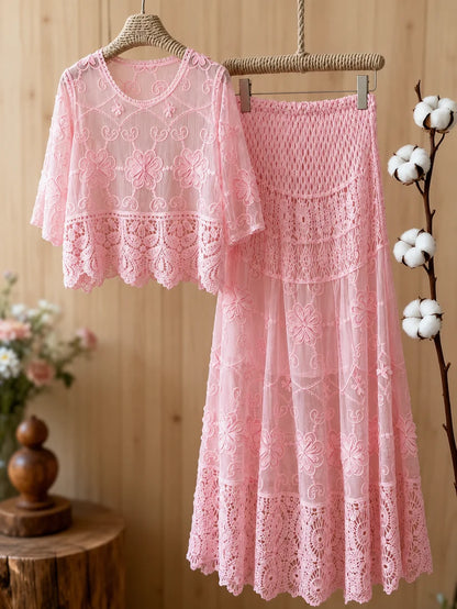 Women's Luxury French-Inspired Lace Top & Midi Skirt Set
