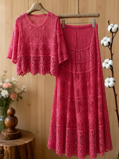 Women's Luxury French-Inspired Lace Top & Midi Skirt Set