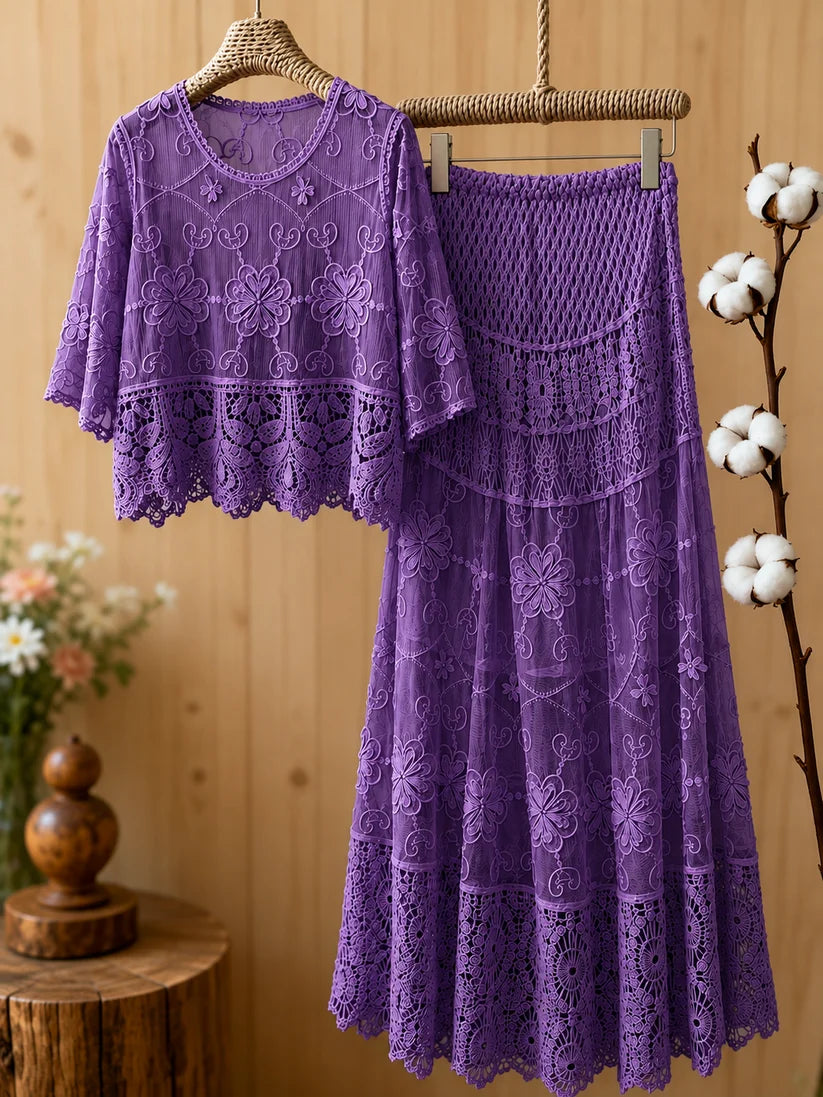 Women's Luxury French-Inspired Lace Top & Midi Skirt Set