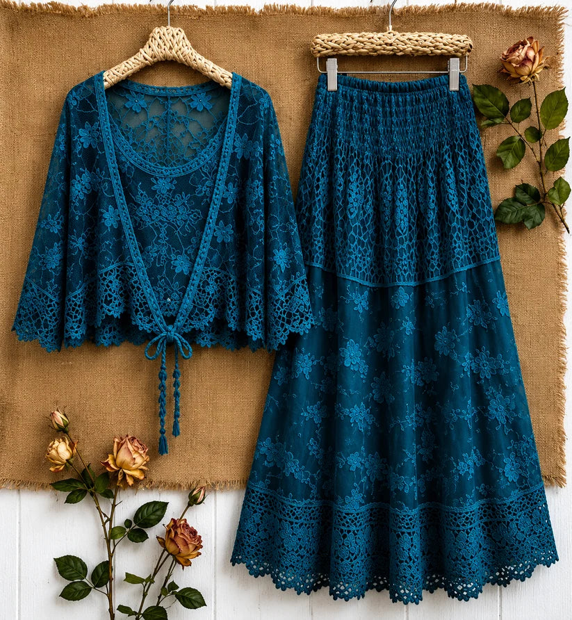 Women's Luxury French-Inspired Lace Top & Midi Skirt Set