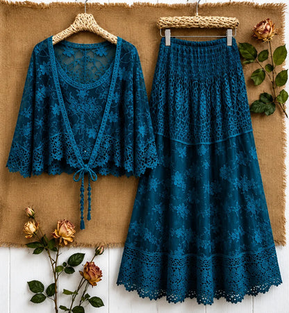 Women's Luxury French-Inspired Lace Top & Midi Skirt Set