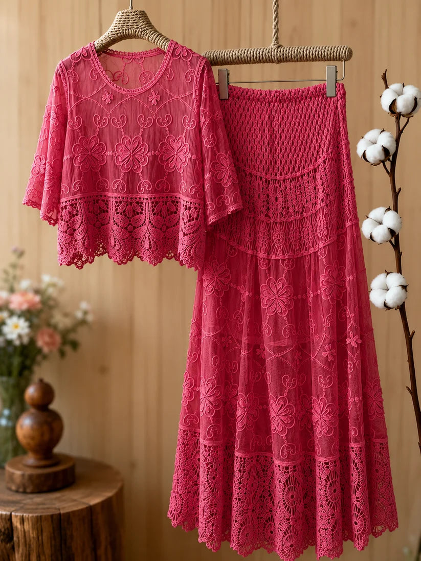 Women's Luxury French-Inspired Lace Top & Midi Skirt Set