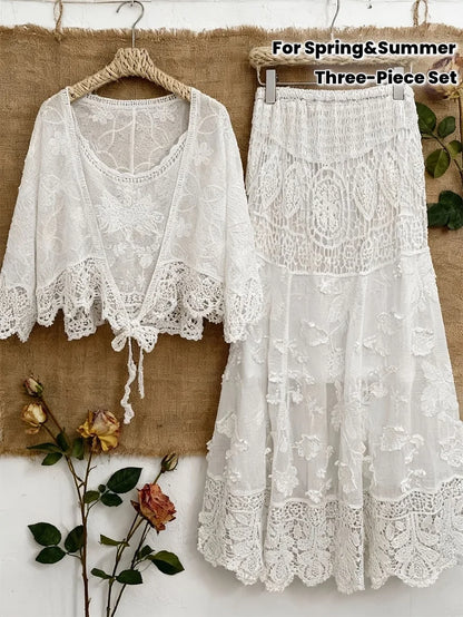 Women's Luxury French-Inspired Lace Top & Midi Skirt Set