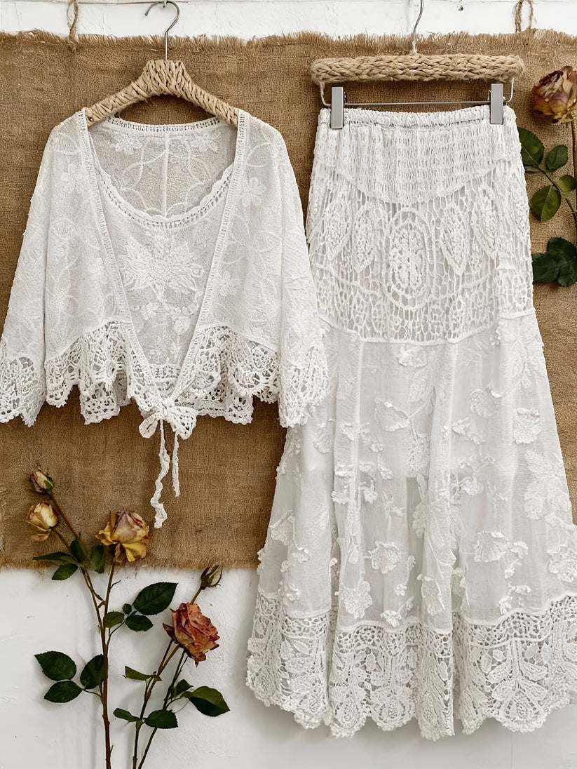 Women's Luxury French-Inspired Lace Top & Midi Skirt Set