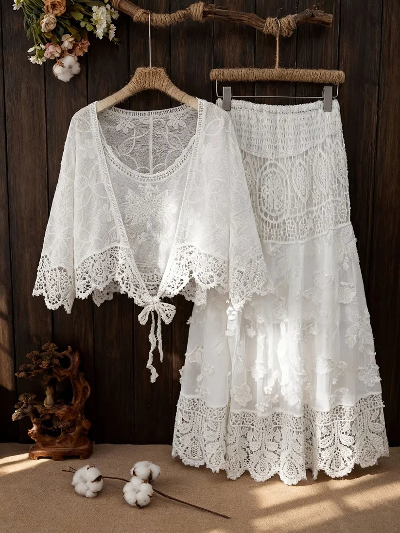 Women's Luxury French-Inspired Lace Top & Midi Skirt Set