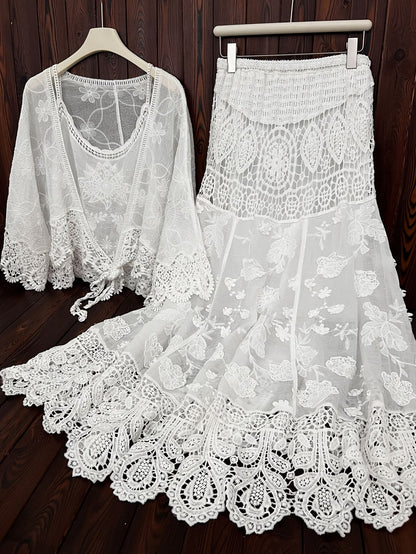 Women's Luxury French-Inspired Lace Top & Midi Skirt Set