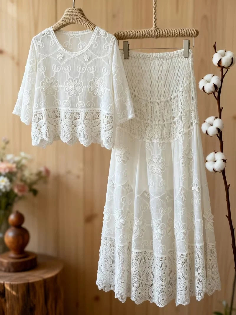 Women's Luxury French-Inspired Lace Top & Midi Skirt Set